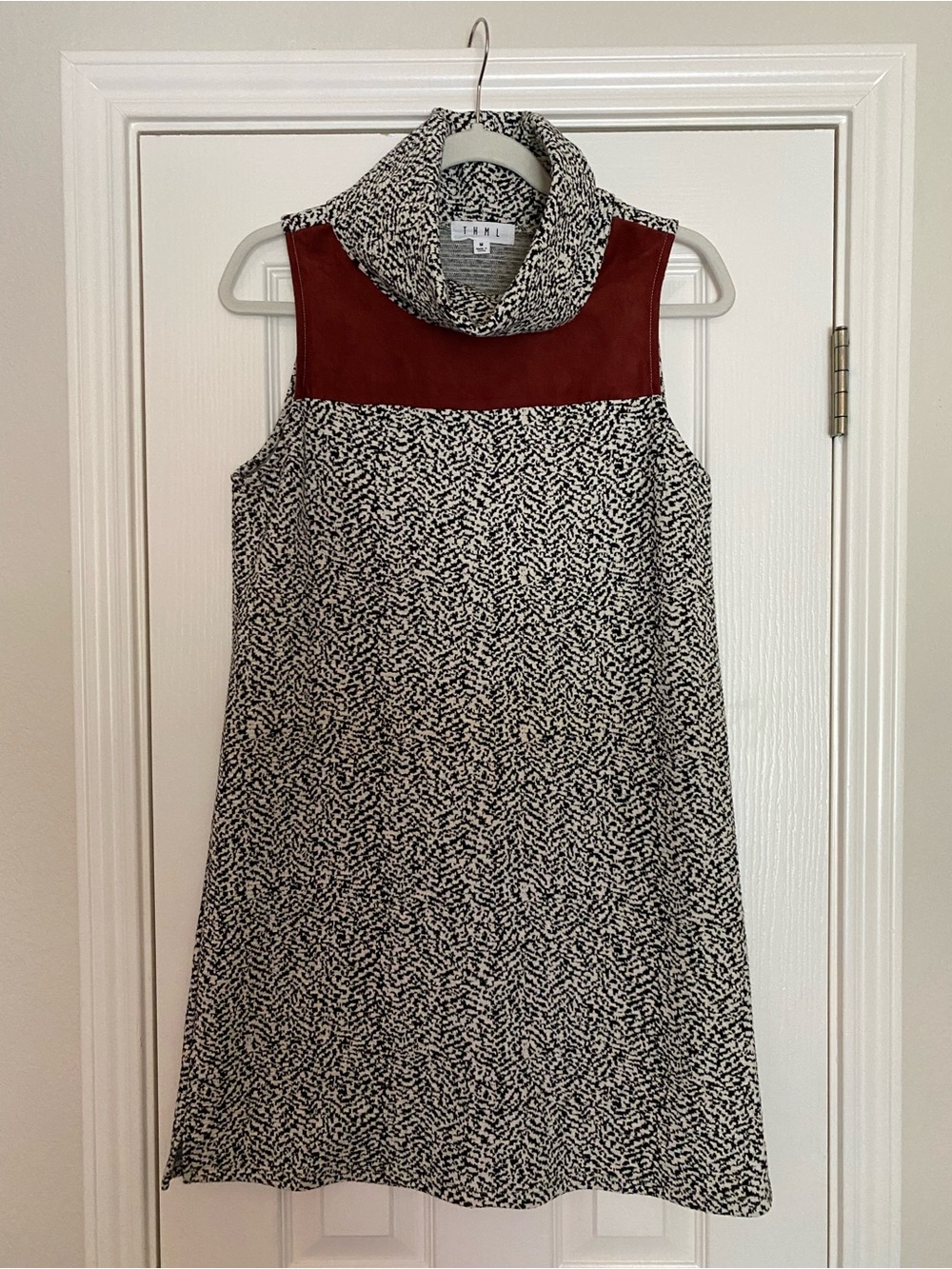 THML Black & White Sleeveless Dress with Burgundy Yoke and Cowl Neck